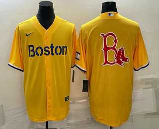 Men%27s Boston Red Sox Big Logo Gold 2021 City Connect Stitched MLB Cool Base Nike Jersey->boston red sox->MLB Jersey